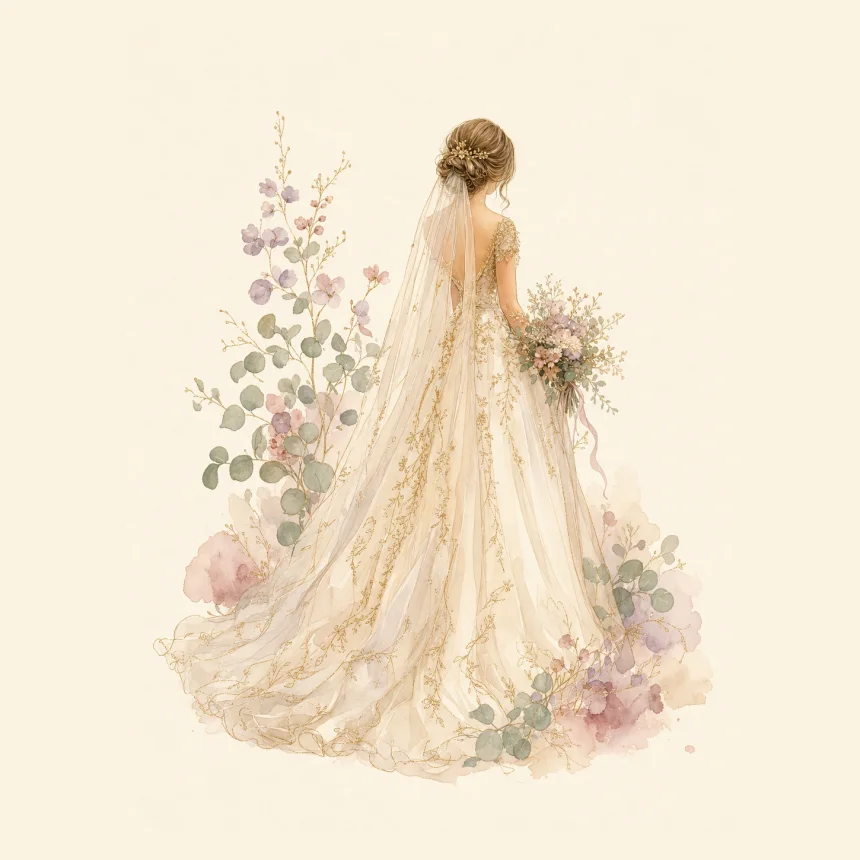 Watercolour illustration of the bride, seen from behind