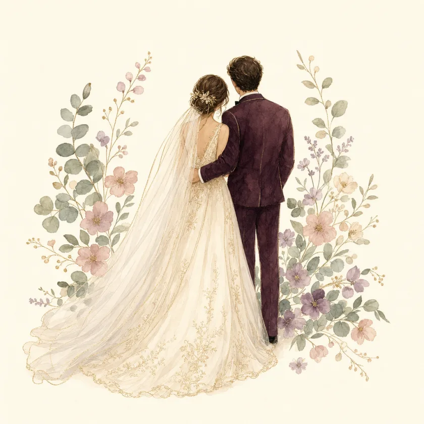 Watercolour illustration of the bride and groom, seen from behind