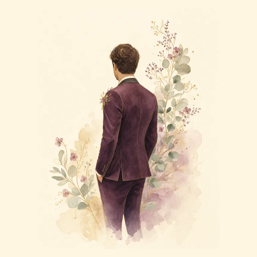 Watercolour illustration of the groom, seen from behind